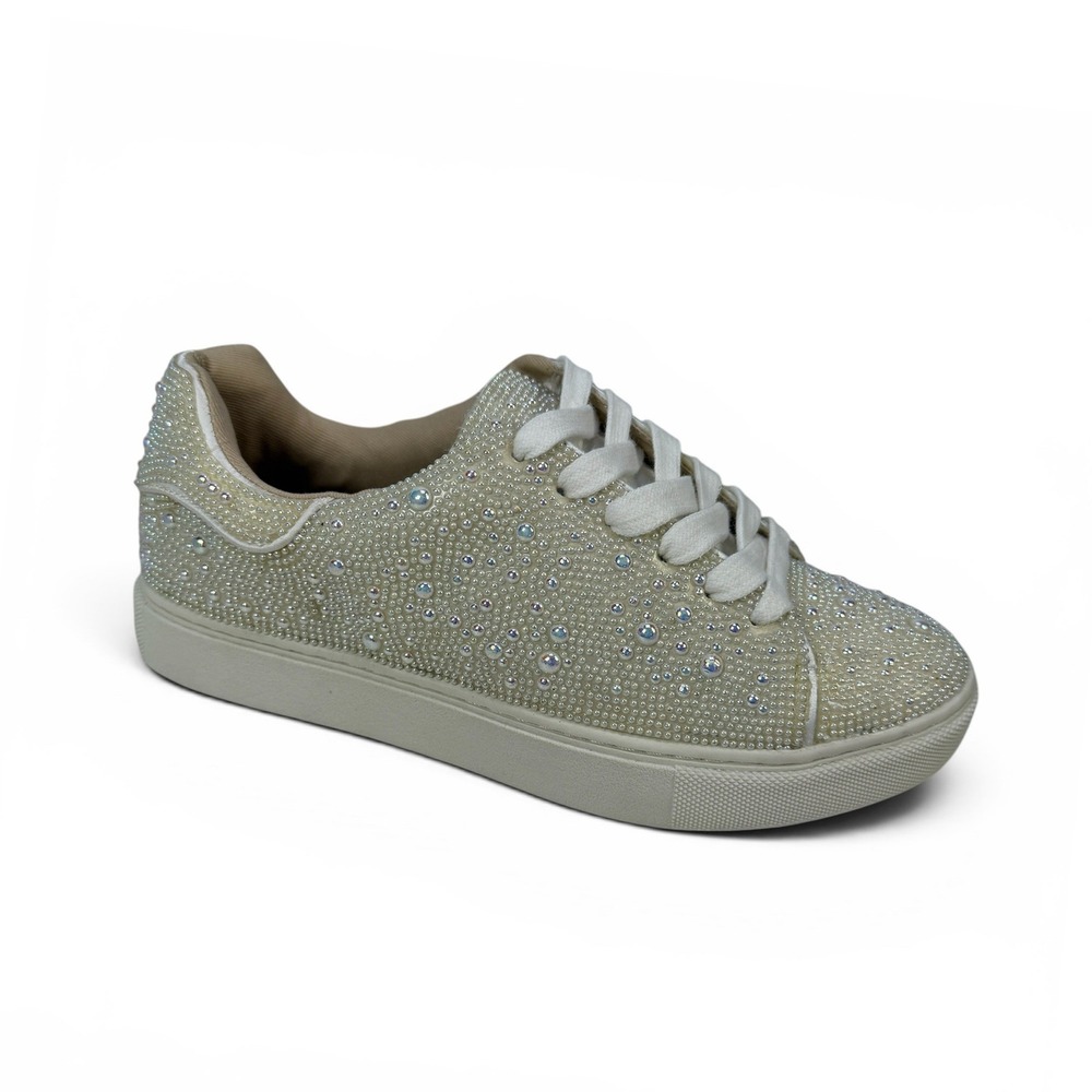 Betsey Johnson Kids Sidny Sneakers Girls Size 3 Cream Pearl Rhinestone Lace Up